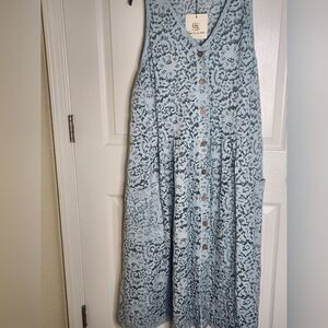 NWT Season One Size Blue Lace Unique Pockets CottonButtonsUp Women MidiDress